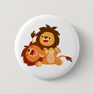 Macaron Rond 5 Cm Deux Jolies Lions Cartoon Jouant