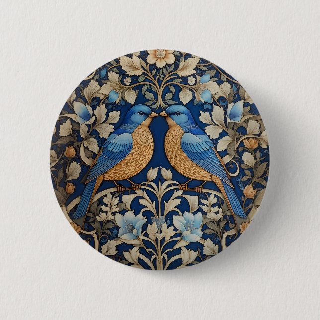 Macaron Rond 5 Cm Deux Oiseaux Bleus Élégants William Morris Inspiré (Devant)