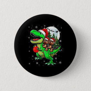 Macaron Rond 5 Cm Deux Xmas Yorkshire Terriers Riding T-rex Reindeer