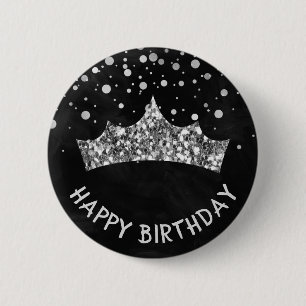 Macaron Rond 5 Cm Diadème argenté avec bokeh argenté et Joyeux Anniv