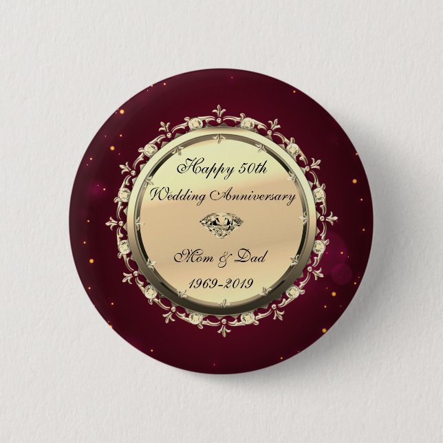 Macaron Rond 5 Cm Diamants d'or 50e anniversaire de Mariage rouge (Devant)