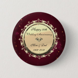 Macaron Rond 5 Cm Diamants d'or 50e anniversaire de Mariage rouge