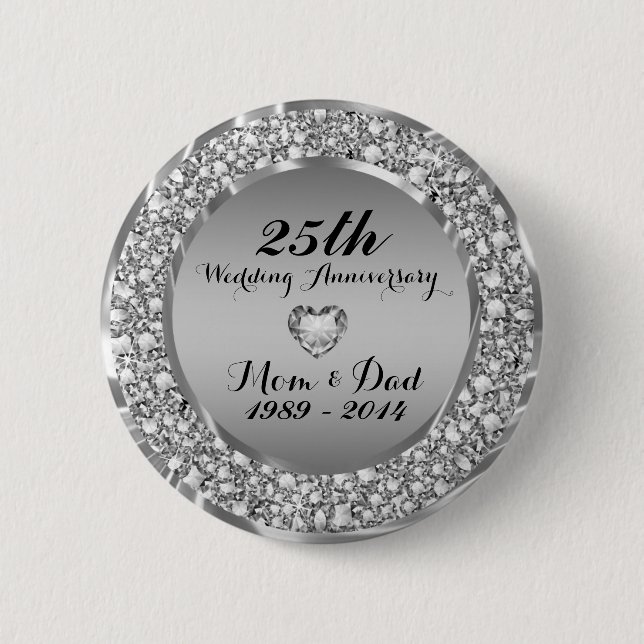 Macaron Rond 5 Cm Diamonds & Silver 25e Anniversaire de Mariage 2 (Devant)