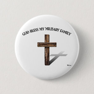 Macaron Rond 5 Cm DIEU BÉNISSE MA FAMILLE MILITAIRE avec croix robus