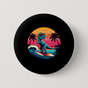 Macaron Rond 5 Cm Dinosaure drôle surfant sur le coucher de soleil r