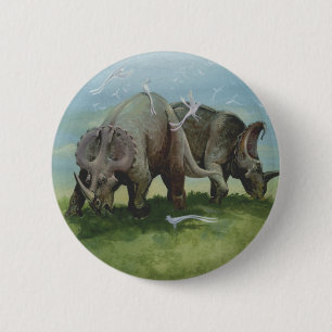 Macaron Rond 5 Cm Dinosaures Vintage, Centrosaurus Paissant dans une