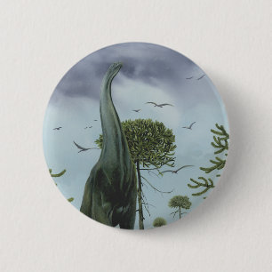 Macaron Rond 5 Cm Dinosaures Vintage, Sauroposeidon avec des oiseaux