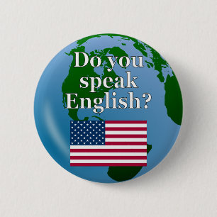 Macaron Rond 5 Cm "Do you speak English ?" en anglais. Flag & globe