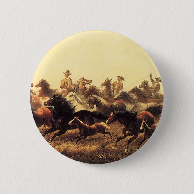 Macaron Rond 5 Cm Domptage de chevaux sauvages par James Walker (Devant)