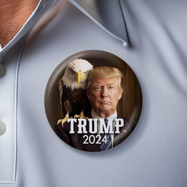 Macaron Rond 5 Cm Donald Trump 2024 Photo - aigle chauve sur l'épaul (Trump 2024 Button with Bald Eagle)