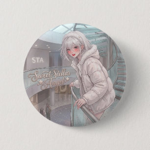 Macaron Rond 5 Cm Douce Ange Stellaire : Fille Anime Cheveux Argenté