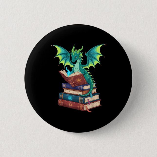 Macaron Rond 5 Cm Dragon Reading Books Fantasy Lovers Mythical Creat (Devant)