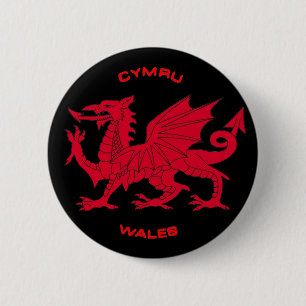 Macaron Rond 5 Cm Dragon rouge du Pays de Galles (Cymru), dos noir