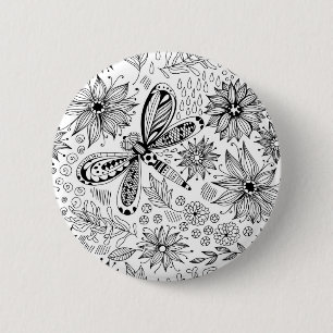 Macaron Rond 5 Cm Dragonfly et doodle de fleurs