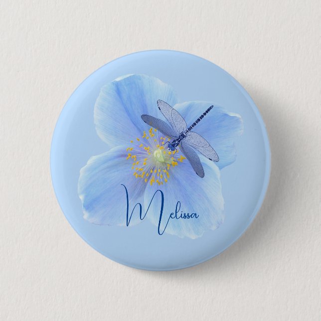 Macaron Rond 5 Cm Dragonfly on Blue Poppy bouton (Devant)
