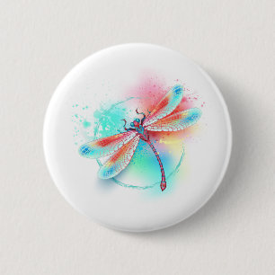 Macaron Rond 5 Cm Dragonfly rouge sur l'arrière - plan aquarelle