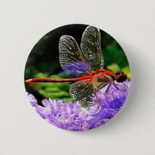 Macaron Rond 5 Cm Dragonfly rouge sur Violet Violet Fleurs