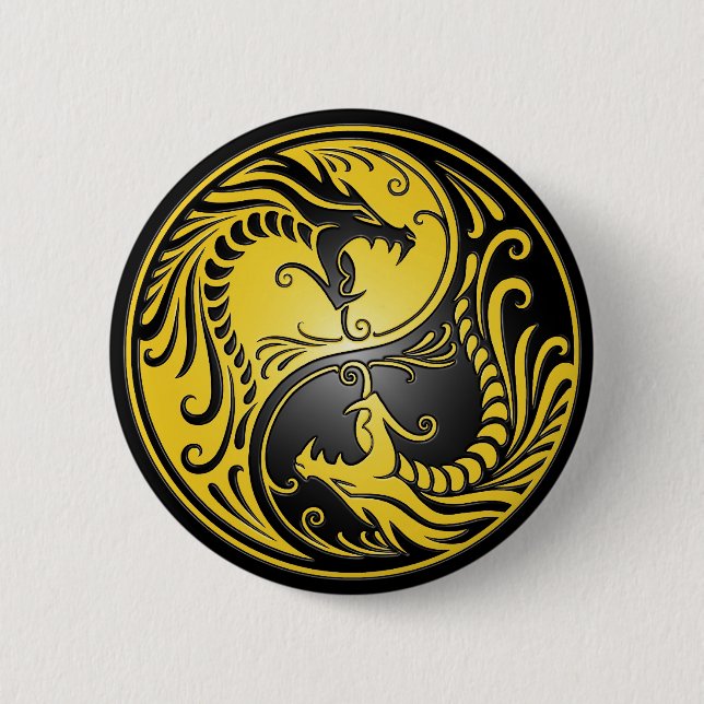Macaron Rond 5 Cm Dragons, jaune et noir de Yin Yang (Devant)