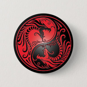 Macaron Rond 5 Cm Dragons, rouge et noir de Yin Yang