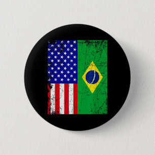 Macaron Rond 5 Cm Drapeau Américain Brésilien _ Moitié Brésil Moitié