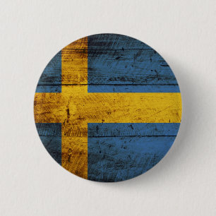 Macaron Rond 5 Cm Drapeau de la Suède sur le vieux grain en bois