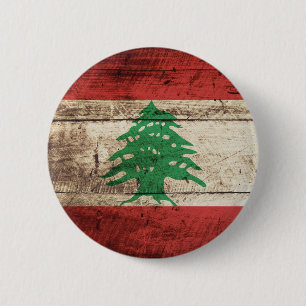 Macaron Rond 5 Cm Drapeau du Liban sur le vieux grain en bois