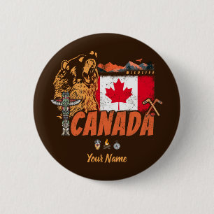 Macaron Rond 5 Cm Drapeau Vintage Du Canada Et Vacances Ours Grizzli