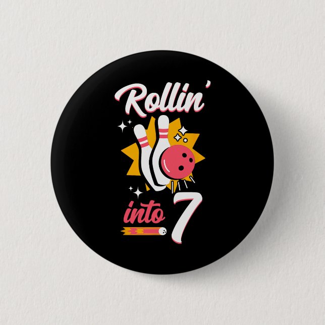 Macaron Rond 5 Cm Drôle Bowling 7e Anniversaire Rollin' Into 7 (Devant)