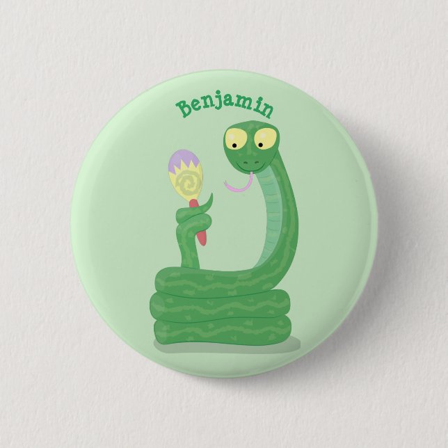 Macaron Rond 5 Cm Drôle serpent vert avec caricature maraca (Devant)