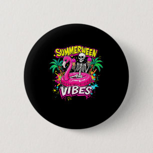 Macaron Rond 5 Cm Drôle Skeleton Summerween Vibes Flamant rose Pool