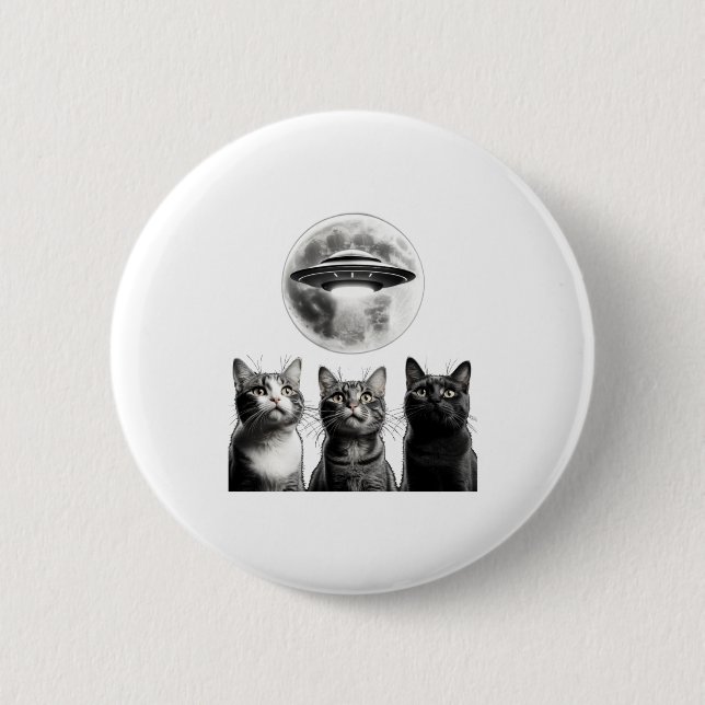 Macaron Rond 5 Cm Drôles 3 Chats Effrayés Lune Ufo Alien Invasion De (Devant)