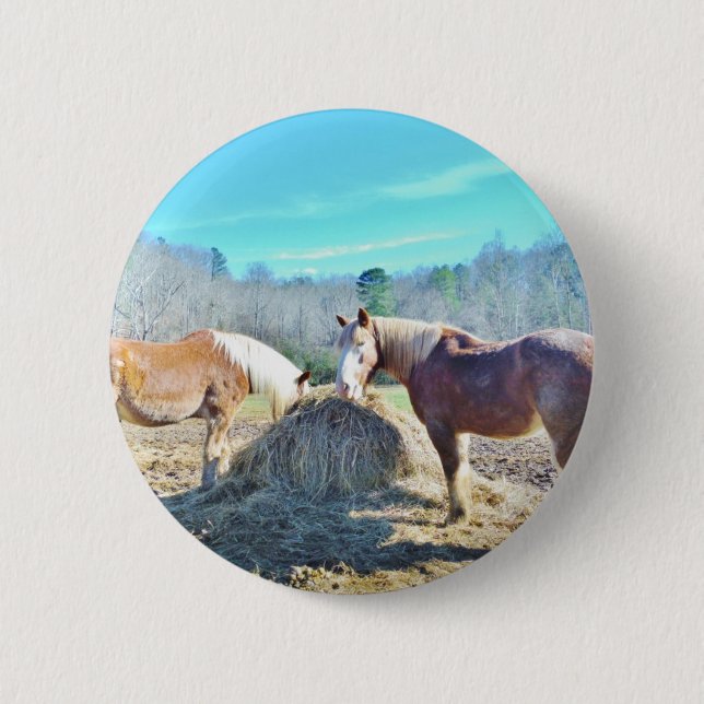 Macaron Rond 5 Cm Ébauche secourue Chevaux mangeant foin (Devant)
