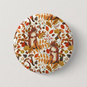 Macaron Rond 5 Cm Écureuils d'automne et flore automnale sur le blan