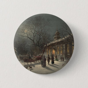 Macaron Rond 5 Cm Église le soir de Noël