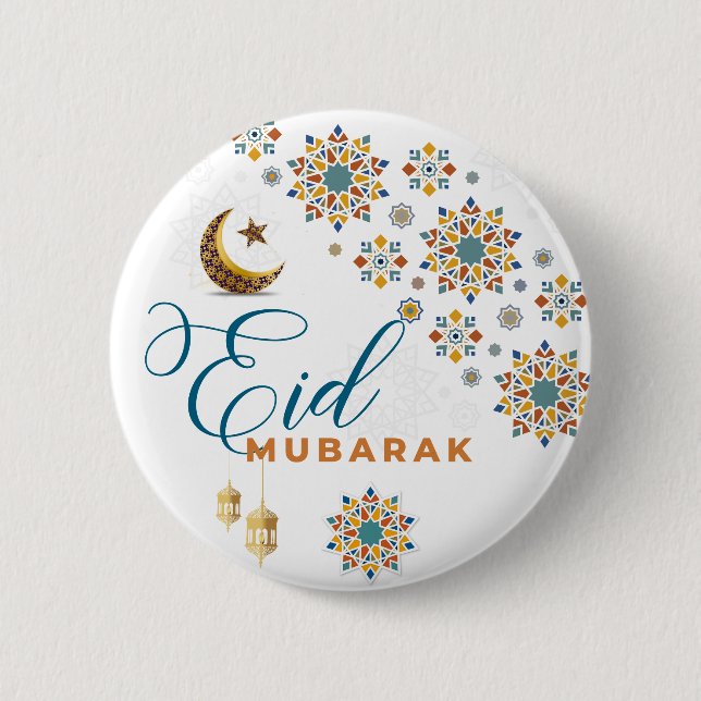 Macaron Rond 5 Cm Elégant Aïd Moubarak Arabe Calligraphie Lune Étoil (Devant)