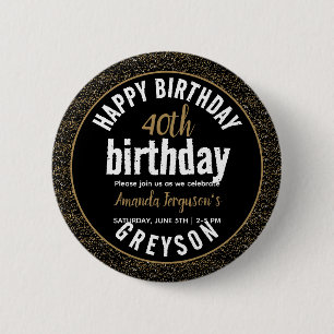Macaron Rond 5 Cm Elegant Black & Gold 40th Birthday Party