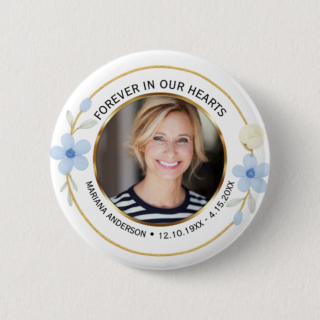 Macaron Rond 5 Cm Elegant Blue & Gold Floral Memorial Photo (Devant)