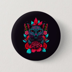 Macaron Rond 5 Cm Élégant chat noir entouré de roses rouges  