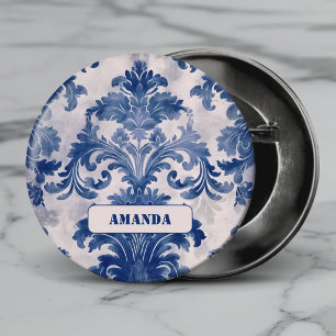 Macaron Rond 5 Cm Élégant damas bleu toile de Jouy monogramme