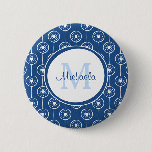 Macaron Rond 5 Cm Élégant Monogramme de Coeurs Bleu et Blanc avec no