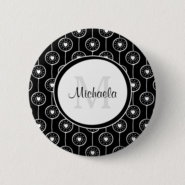 Macaron Rond 5 Cm Élégant Monogramme de Coeurs Noir et Blanc avec no (Devant)