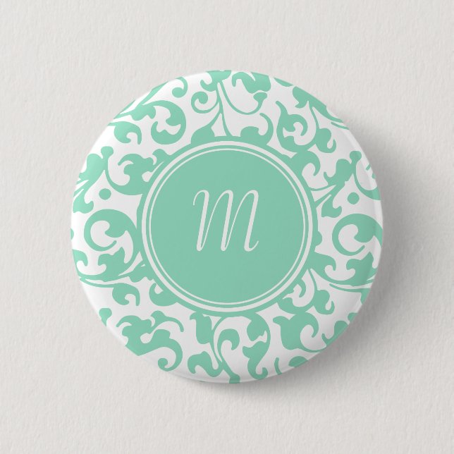 Macaron Rond 5 Cm Élégant Monogramme vert et blanc damassé (Devant)