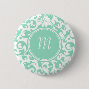 Macaron Rond 5 Cm Élégant Monogramme vert et blanc damassé