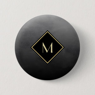 Macaron Rond 5 Cm Élégant Noir Brossé Avec Monogramme Or Simple