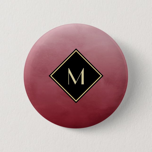 Macaron Rond 5 Cm Élégant Rouge Brossé Avec Monogramme Or Simple (Devant)