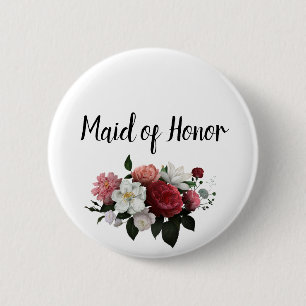 Macaron Rond 5 Cm Élégantes Fleurs Bourgogne et Rose Demoiselle d'Ho
