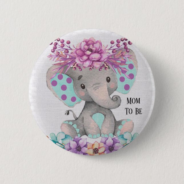 Macaron Rond 5 Cm Eléphant d'aquarelle mignonne aux fleurs Turquoise (Devant)