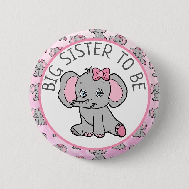 Macaron Rond 5 Cm Eléphant rose Grande Soeur Soyez Baby shower (Devant)