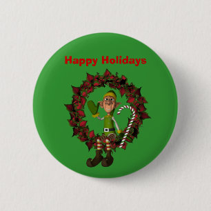 Macaron Rond 5 Cm Elf On Wreath Christmas Holiday Button Pin
