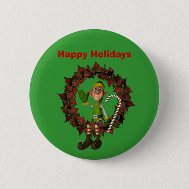 Macaron Rond 5 Cm Elf On Wreath Christmas Holiday Button Pin (Devant)